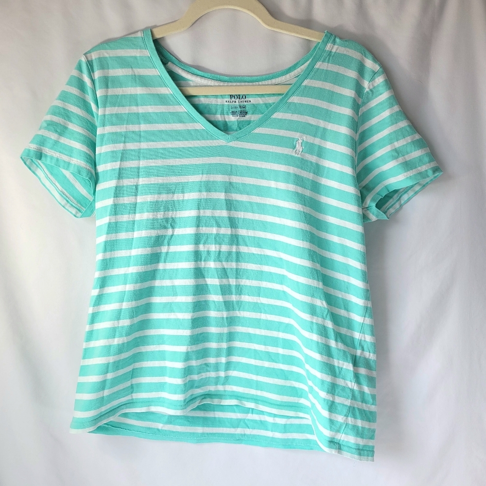 Ralph Lauren Polo Womens L Aqua Blue Teal White Stripes Tee Shirt Nautical Y2K